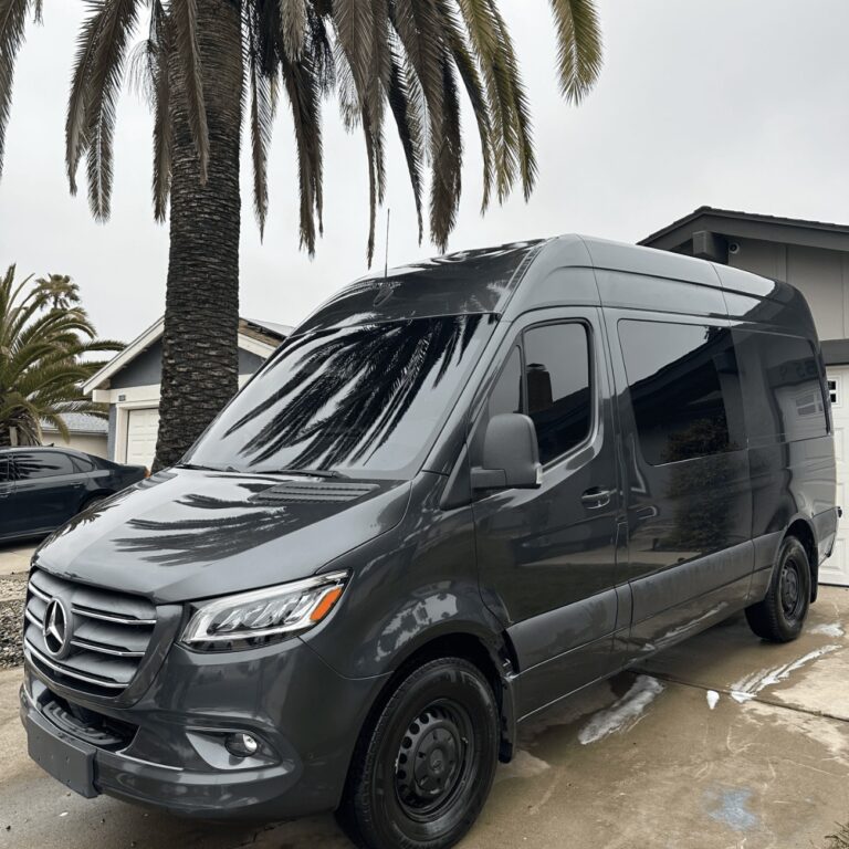 Black Mercedes Sprinter after a car detailing session at Ridin Clean Auto Detailing in San Diego