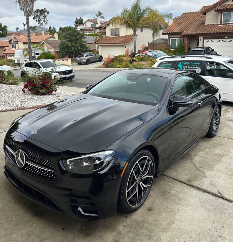 Black Mercedes E-Class getting a full service car wash at Ridin Clean Auto Detailing in San Diego